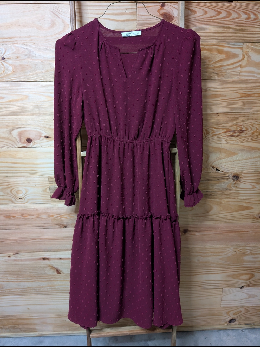 Jasambac Long-Sleeve Wine Tiered Midi Dress Size Small